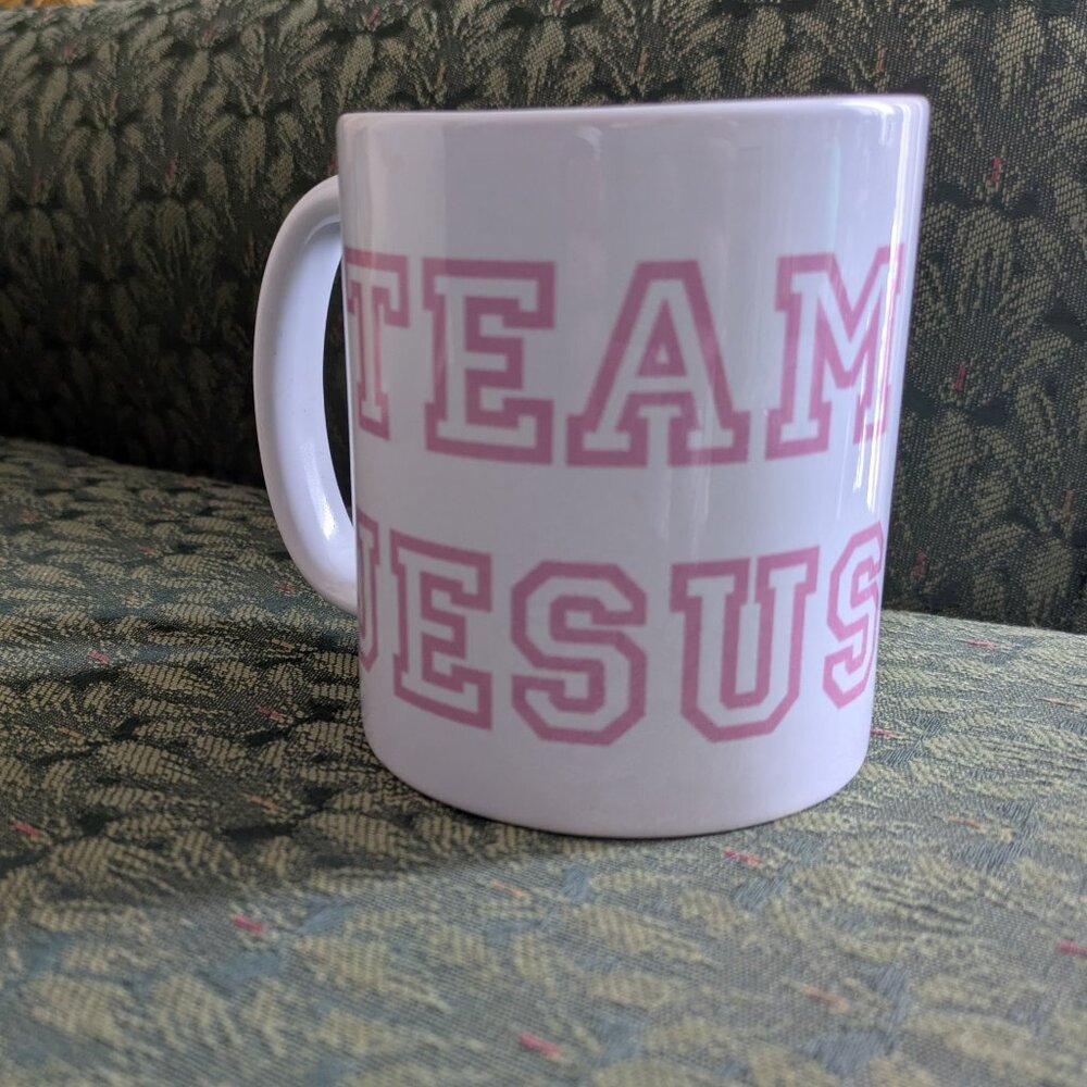 "Team Jesus" White Ceramic Pink Cutout Block Letter Font Coffee Mug